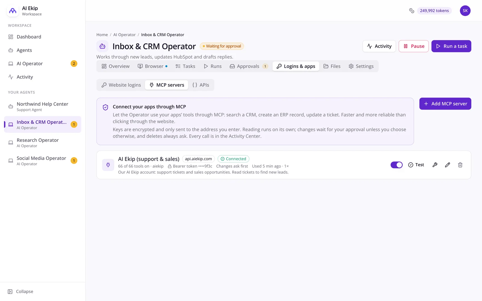 An MCP server connected to an AI Operator under Logins & apps