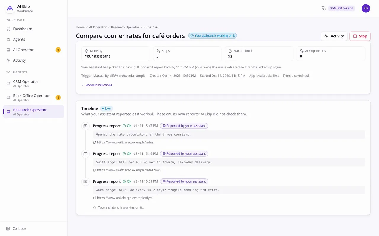 Screen recording: the customer's app checks in, its progress reports appear in AI Ekip, a price change is approved, and the run finishes